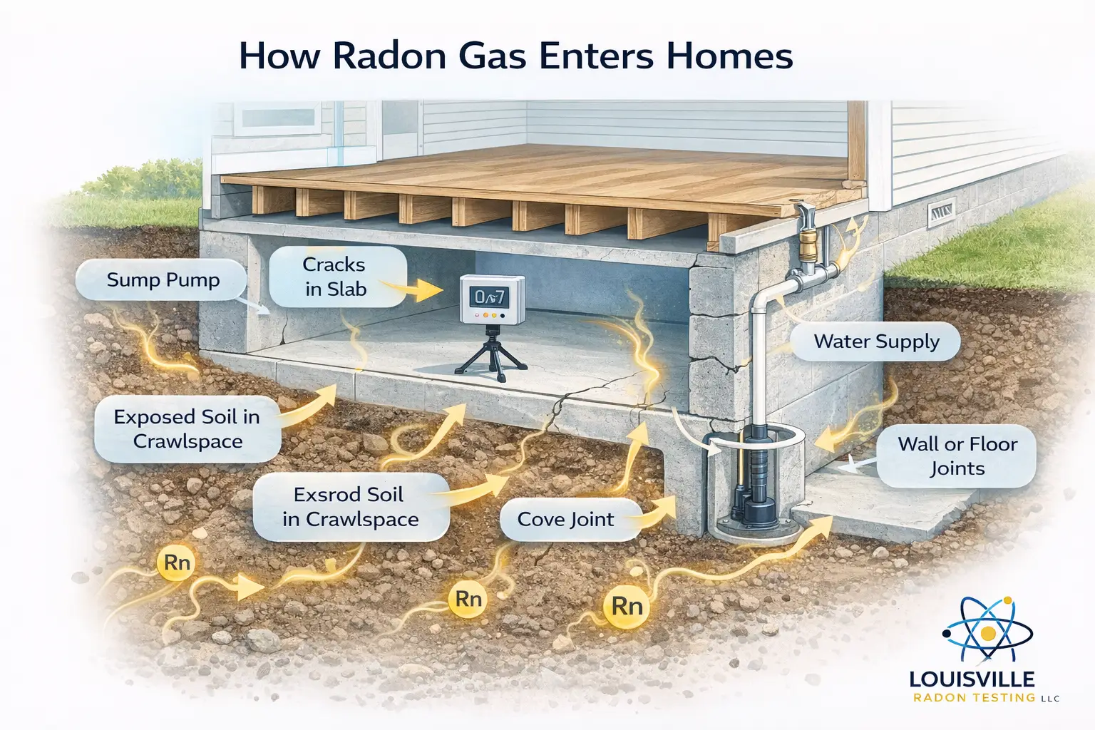 Diagram showing how radon gas enters homes through foundation cracks and utility penetrations