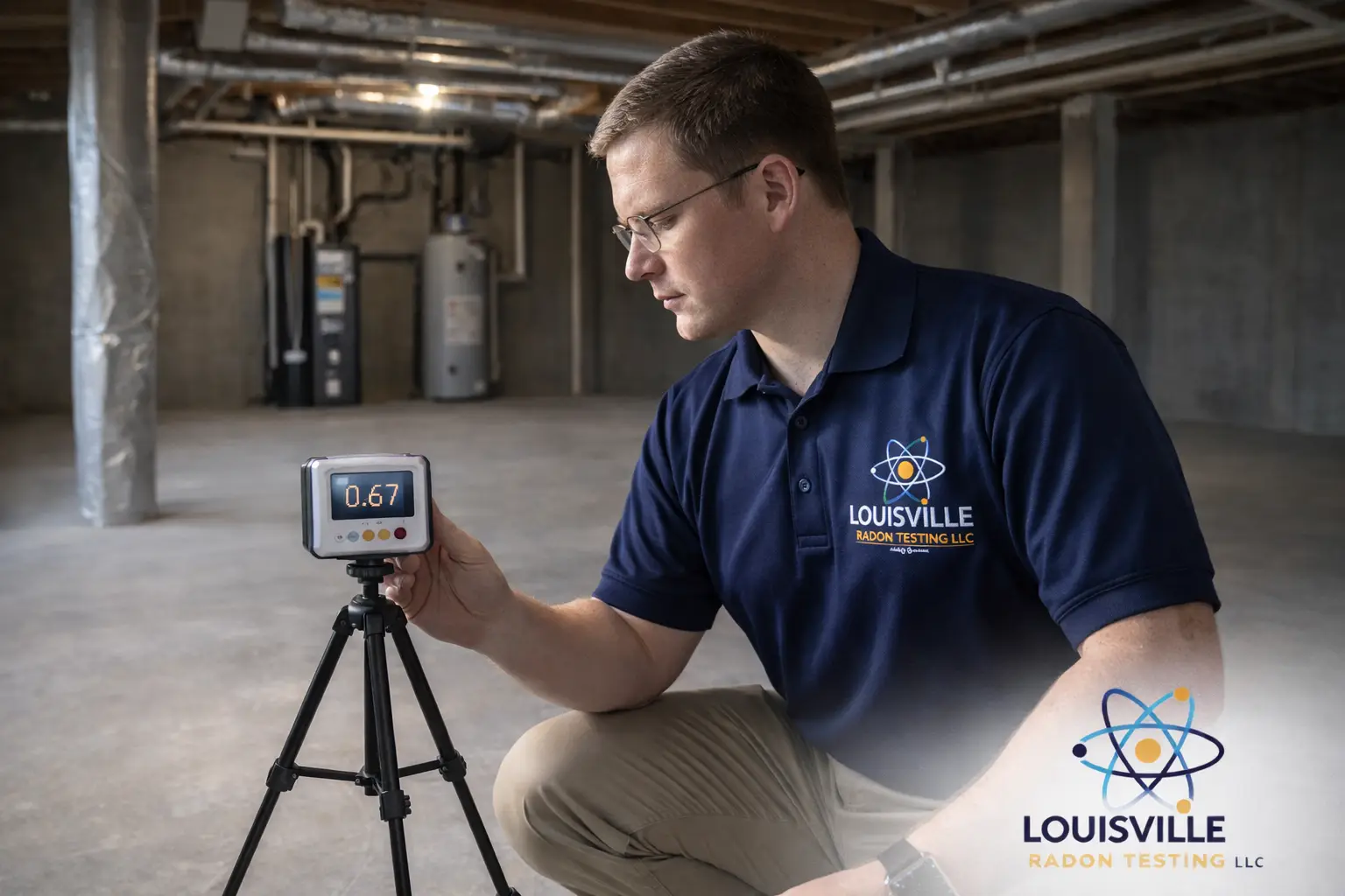 Radon technician setting a CRM device in a basement in Louisville Kentucky