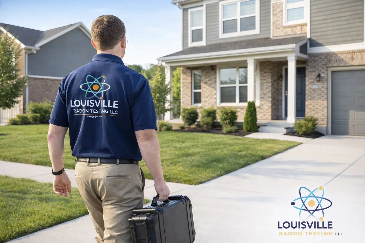 Louisville radon technicians walking to a home for radon testing