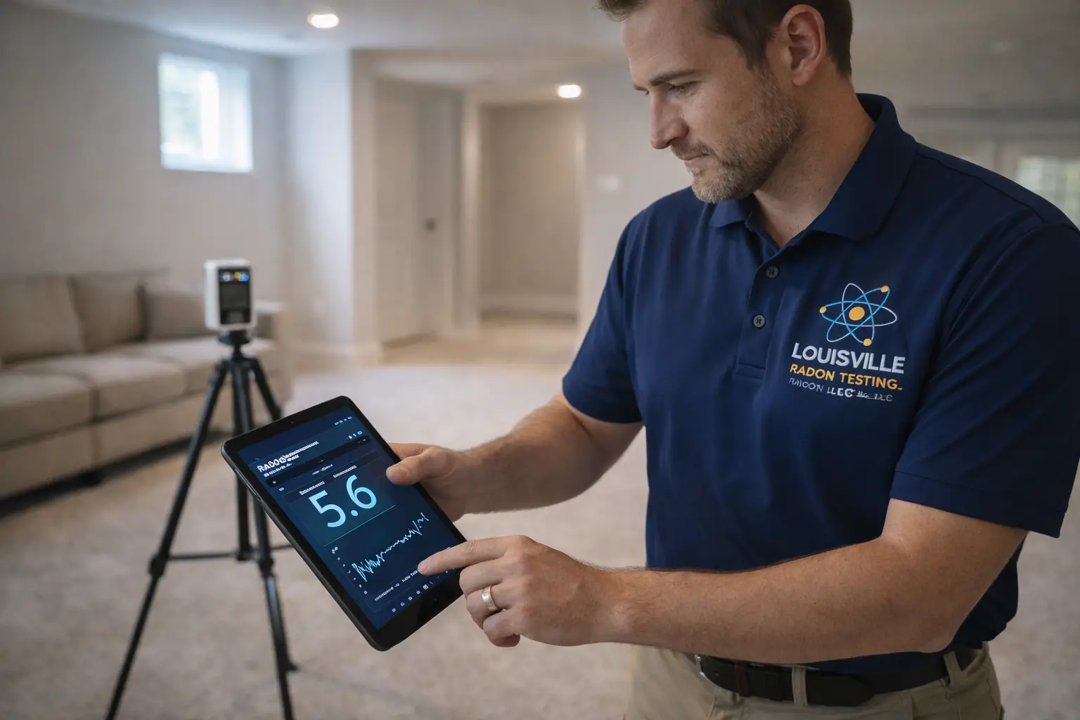 Technician placing radon testing equipment in a Kentucky home