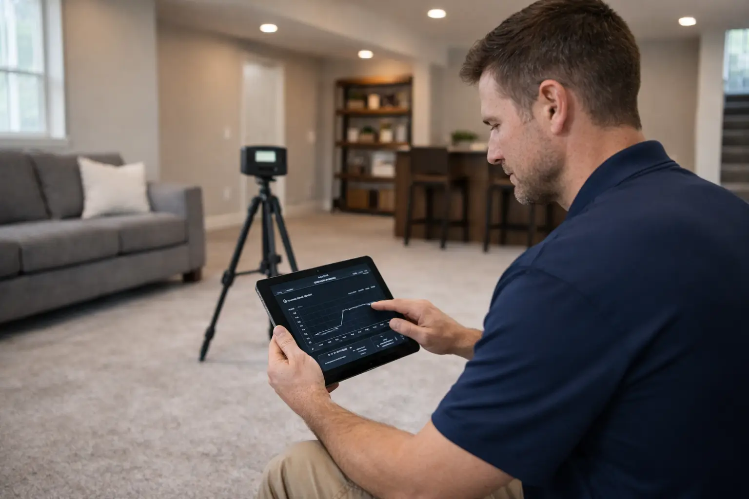 Radon technician reviewing report on iPad in Kentucky