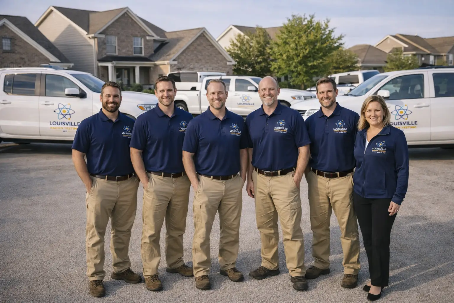Louisville Radon Testing team standing in front of company fleet in Kentucky